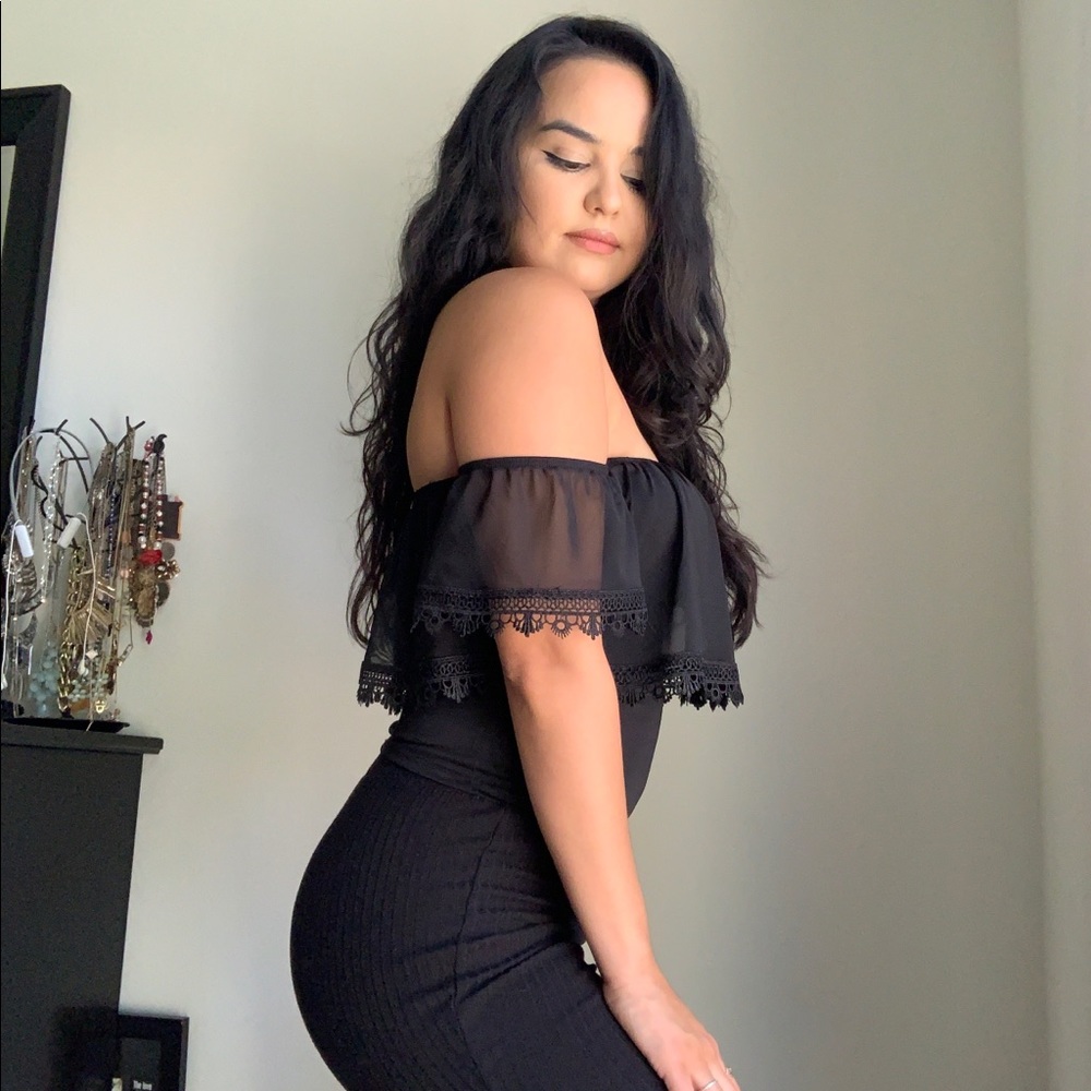 Black crop top off the shoulder lace/sheer